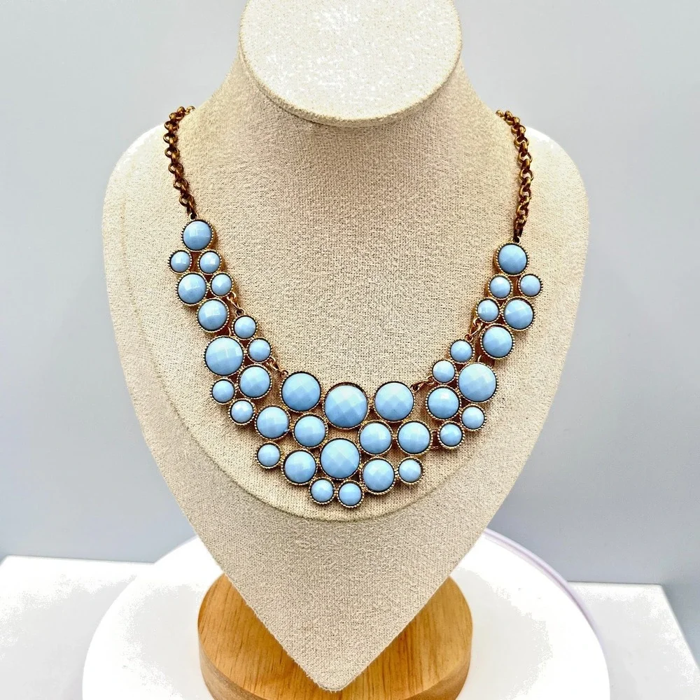 Vintage Retro Sky Blue Cabochon Bib Statement Necklace Gold Tone Geo Bubbles - Picture 1 of 13